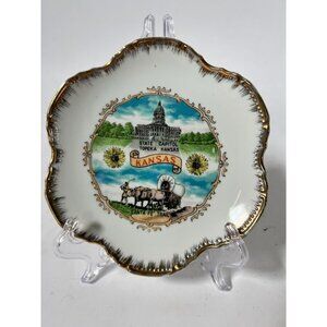 Vintage Kansas State Capitol Souvenir Plate With Gold Trim & Santa Fe Trail Desi